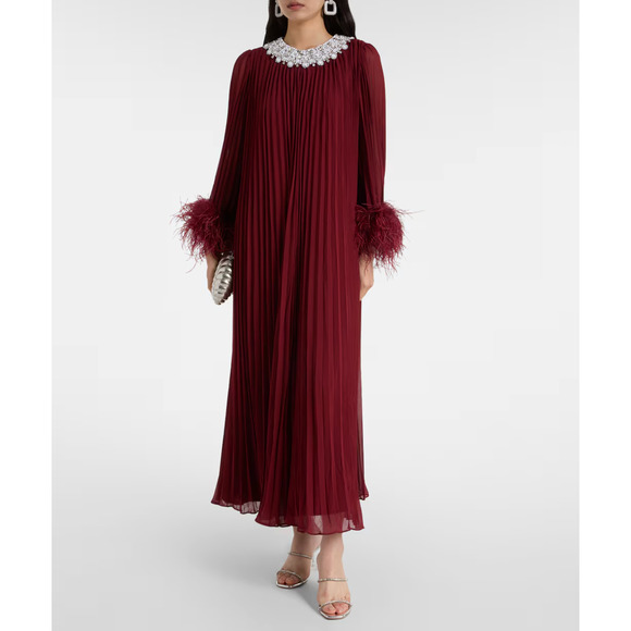Self Portrait Red Embellished Feather-Trimmed Chiffon Maxi Dress US 8 - Picture 1 of 9